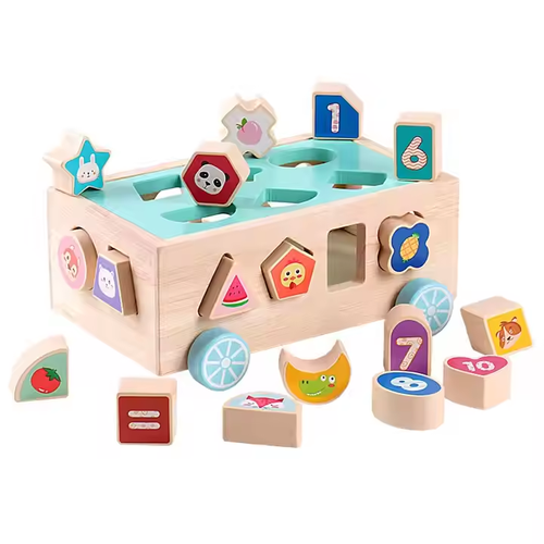 18pcs Blocks Wooden Shape Sorter Toy Colorful Pull Car With Pattern for Educational Montessori Geometric Toy